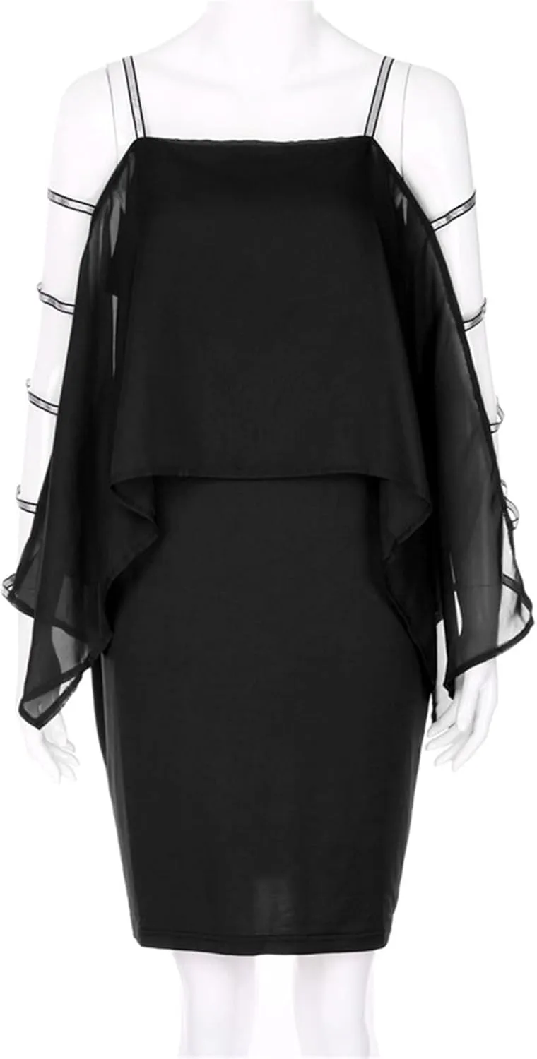 Women's Plus Size Cocktail Dresses for Curvy Cutout Bat Sleeve Chiffon Cape Strapless Bodycon Dress, XL-5XL