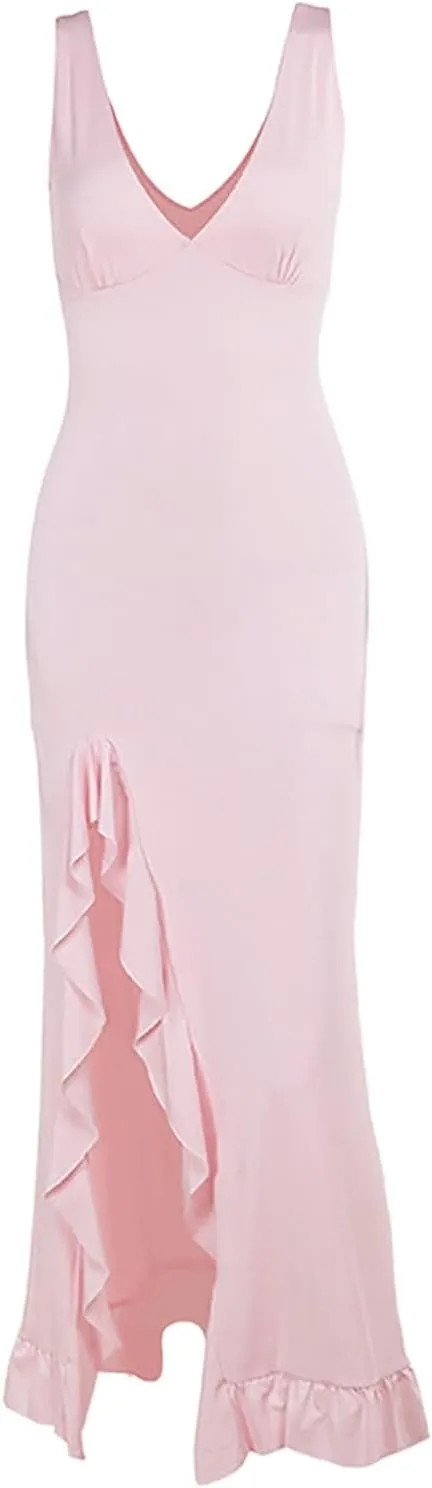 Womens Ruffle Sleeveless Formal Prom Wedding Maxi Dress Sexy V Neck Elegant Split Ruffle Hem Cocktail Evening Long Gown