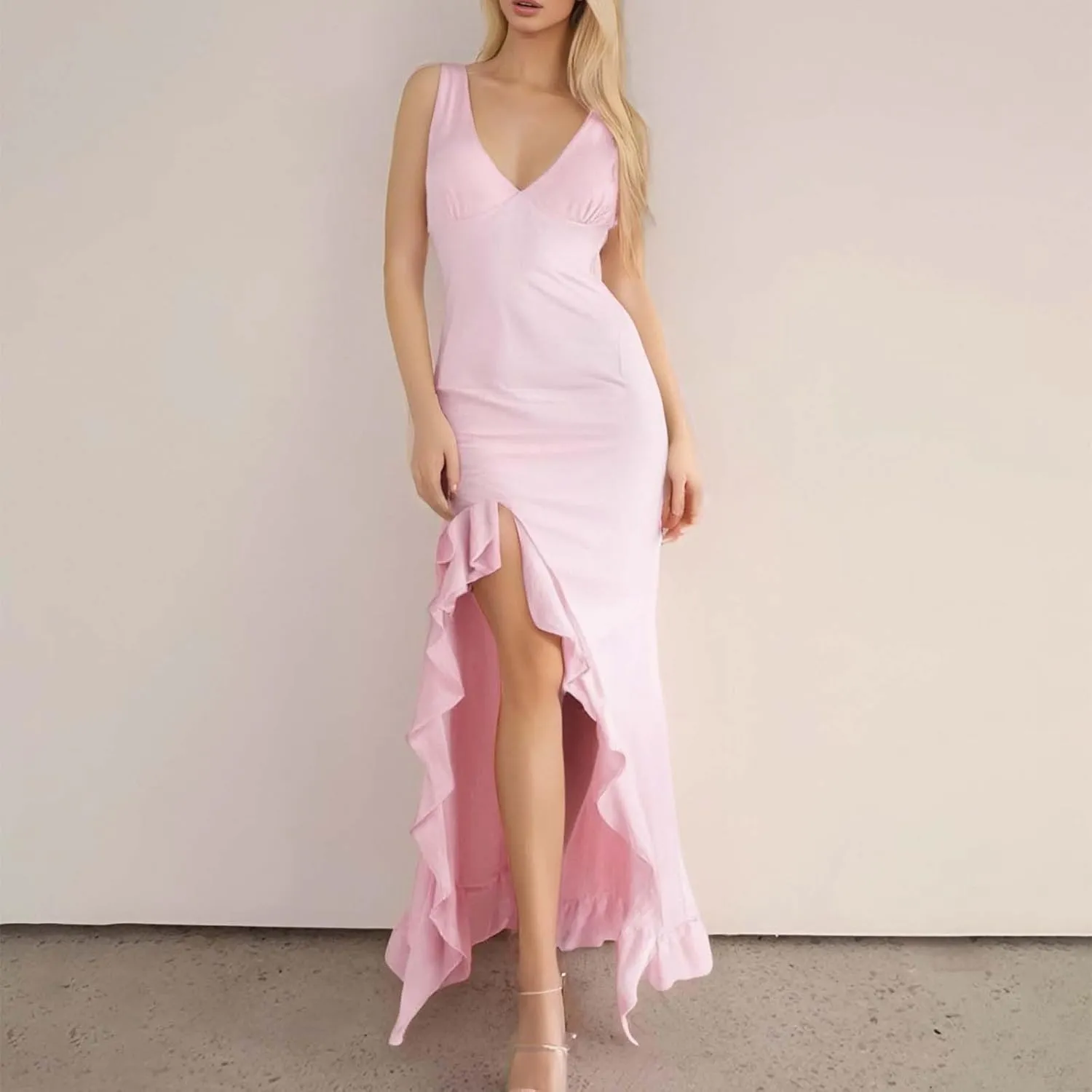 Womens Ruffle Sleeveless Formal Prom Wedding Maxi Dress Sexy V Neck Elegant Split Ruffle Hem Cocktail Evening Long Gown