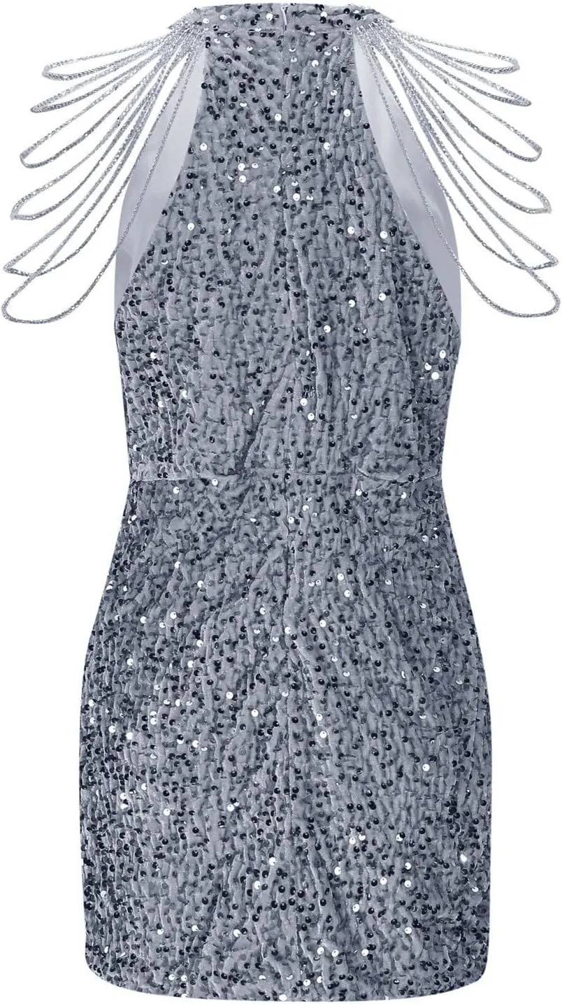 Womens Sequin Dress Hot Drilling Tassel Mini Dress Cocktail Party Dress Sexy Club Night Dress Wrap Hip Dresses