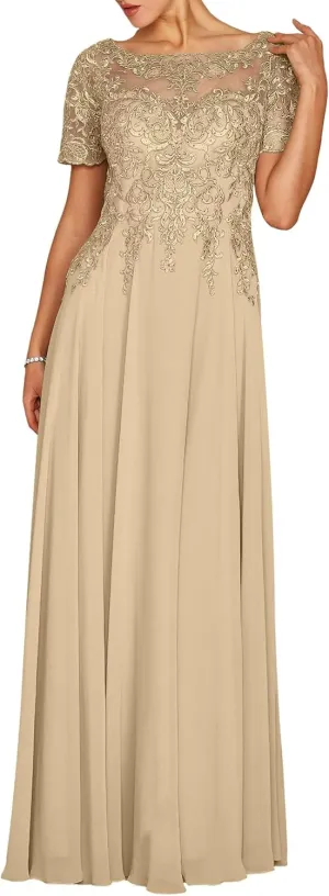 Women's Short Sleeve Chiffon Mother of The Bride Dresses Boat Neck Lace Applique Formal Wedding Guest Evening Gowns