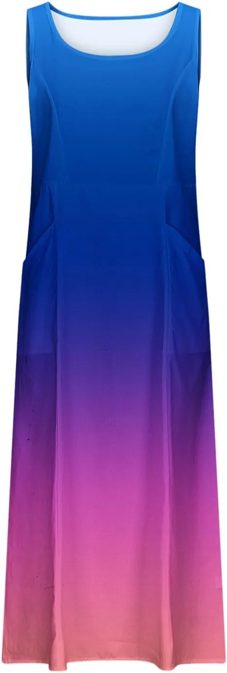 Women's Sleeveless Casual Summer Midi Dresses Gradient Graphic Print Sun Dresses Loose Flowy Tank Dress