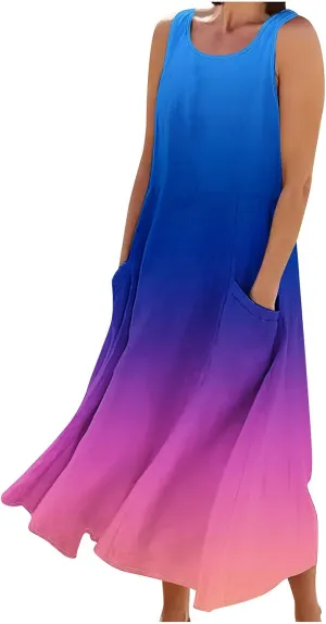 Women's Sleeveless Casual Summer Midi Dresses Gradient Graphic Print Sun Dresses Loose Flowy Tank Dress