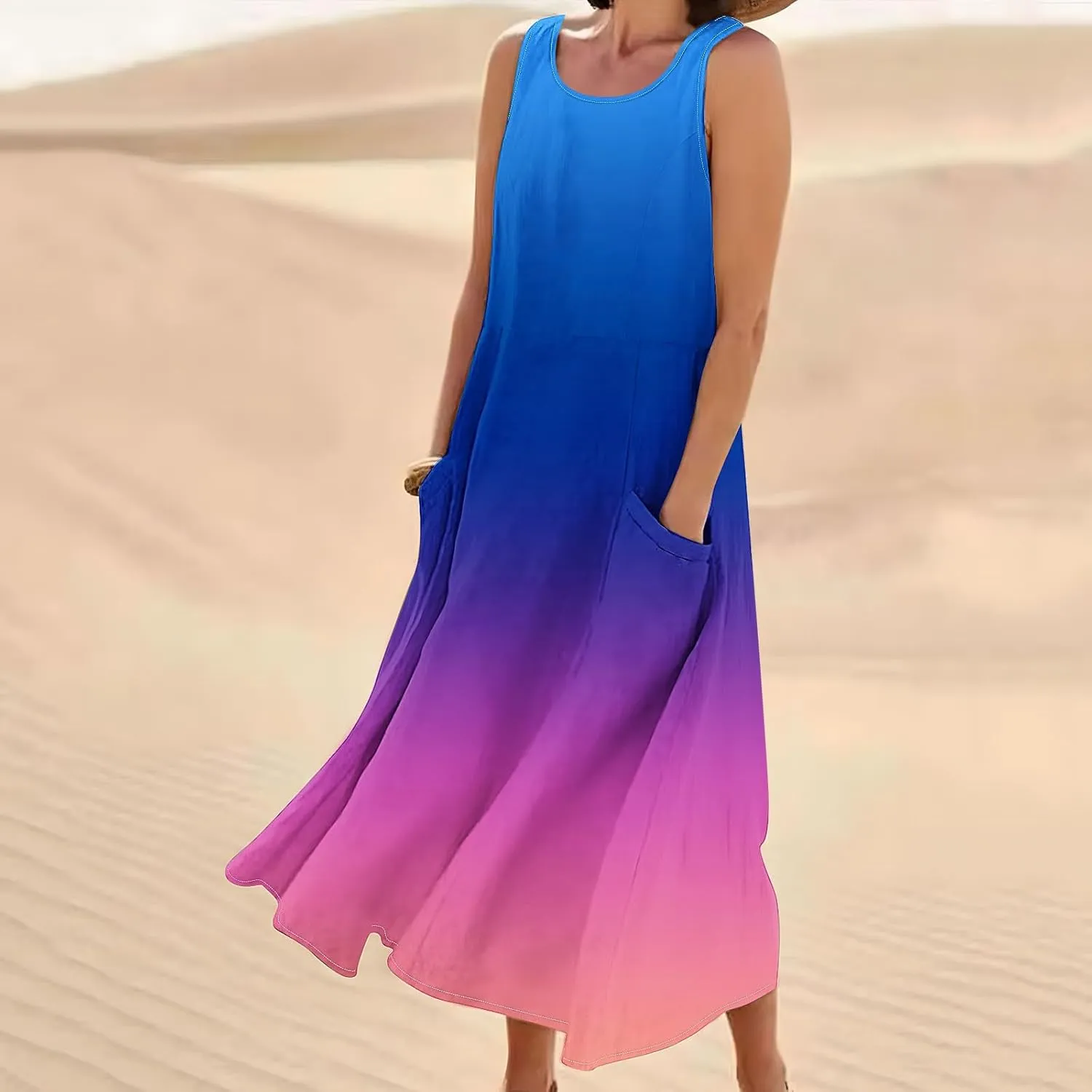 Women's Sleeveless Casual Summer Midi Dresses Gradient Graphic Print Sun Dresses Loose Flowy Tank Dress