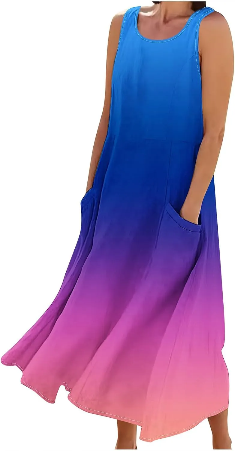 Women's Sleeveless Casual Summer Midi Dresses Gradient Graphic Print Sun Dresses Loose Flowy Tank Dress