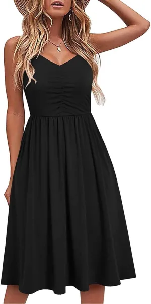Womens Spaghetti Strap Summer Dress Sleeveless V Neck Sundress Pleated A Line Midi Dress Sexy Beach Vacation Outfits