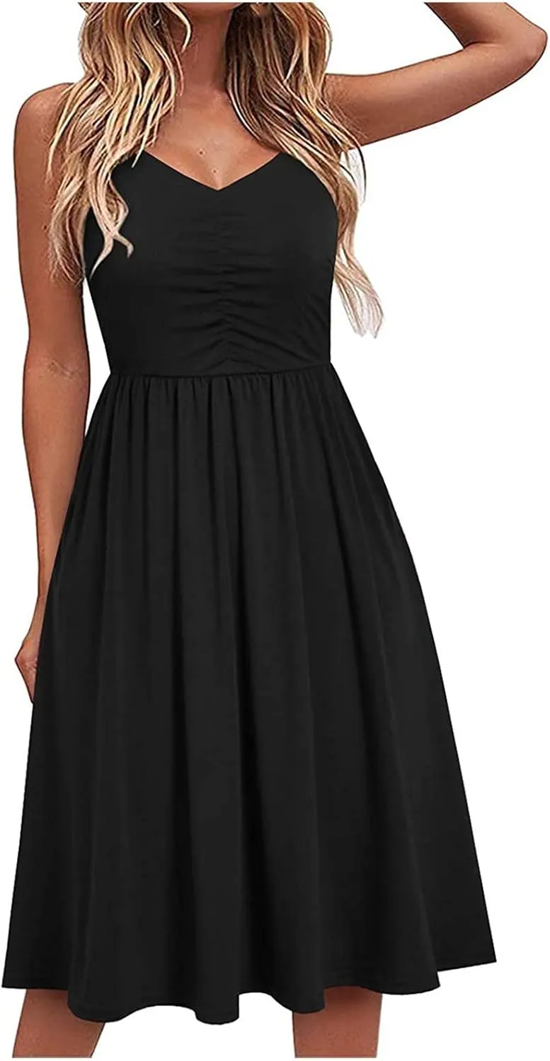 Womens Spaghetti Strap Summer Dress Sleeveless V Neck Sundress Pleated A Line Midi Dress Sexy Beach Vacation Outfits