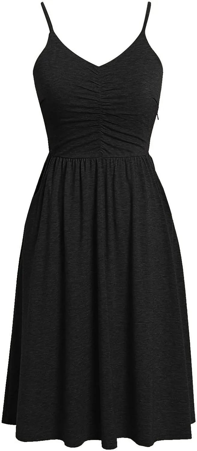 Womens Spaghetti Strap Summer Dress Sleeveless V Neck Sundress Pleated A Line Midi Dress Sexy Beach Vacation Outfits