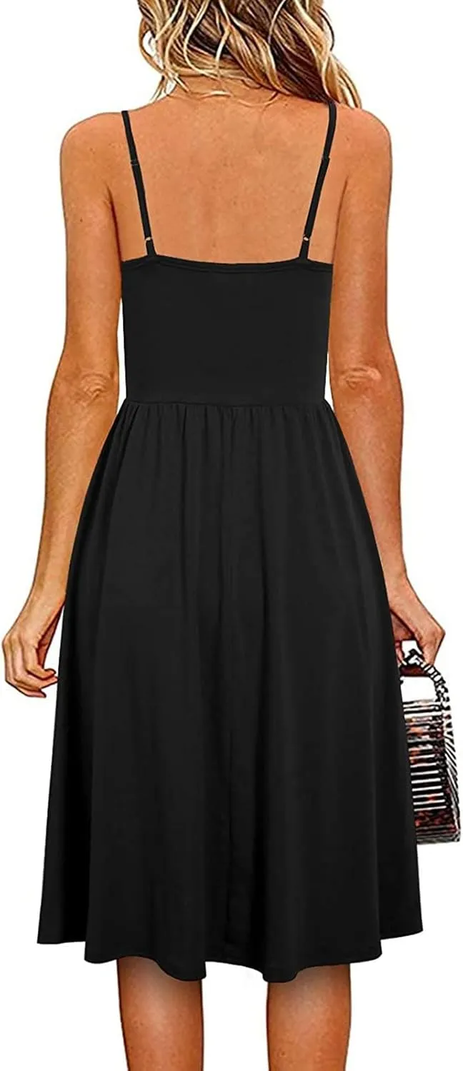 Womens Spaghetti Strap Summer Dress Sleeveless V Neck Sundress Pleated A Line Midi Dress Sexy Beach Vacation Outfits