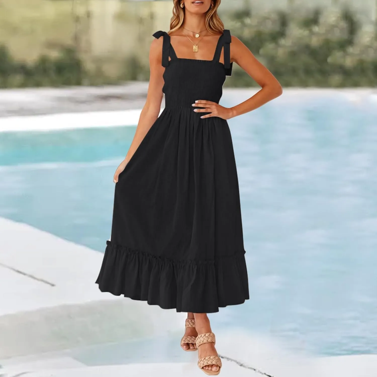 Women's Square Collar Dress 2025 Spring Summer Boho Spaghetti Strap Ruffle Hemline A Line Beach Mini Dresses