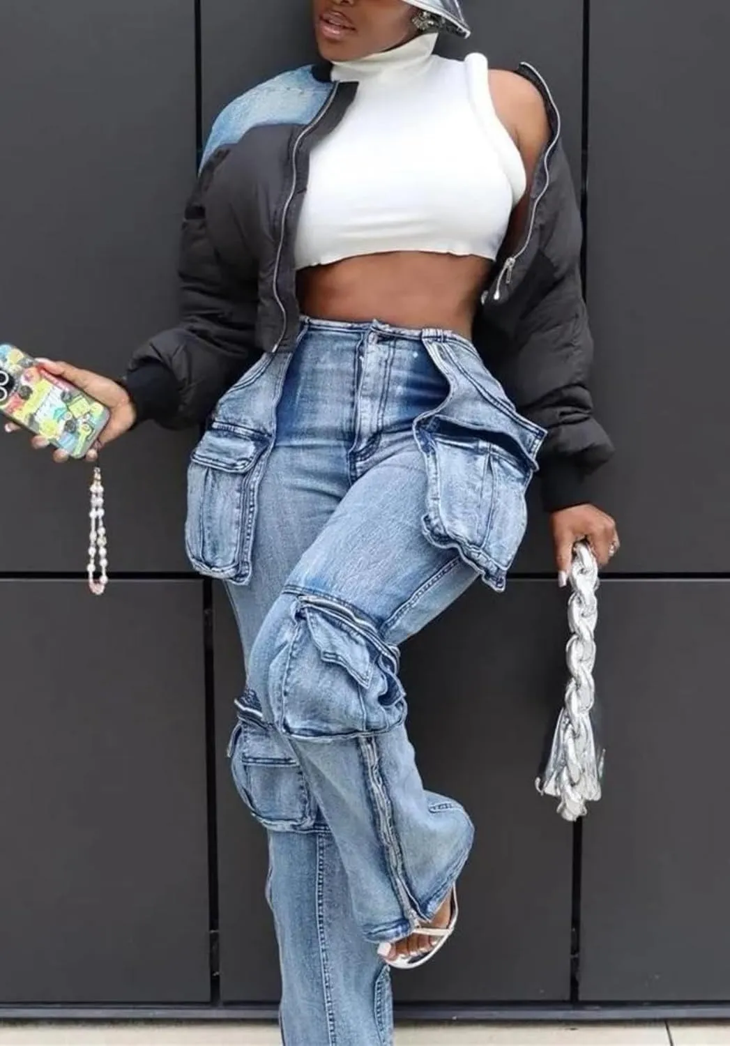 Women's Stretch Cargo Jeans with Multi Pockets, Novelty Fashion Y2K Denim Pants