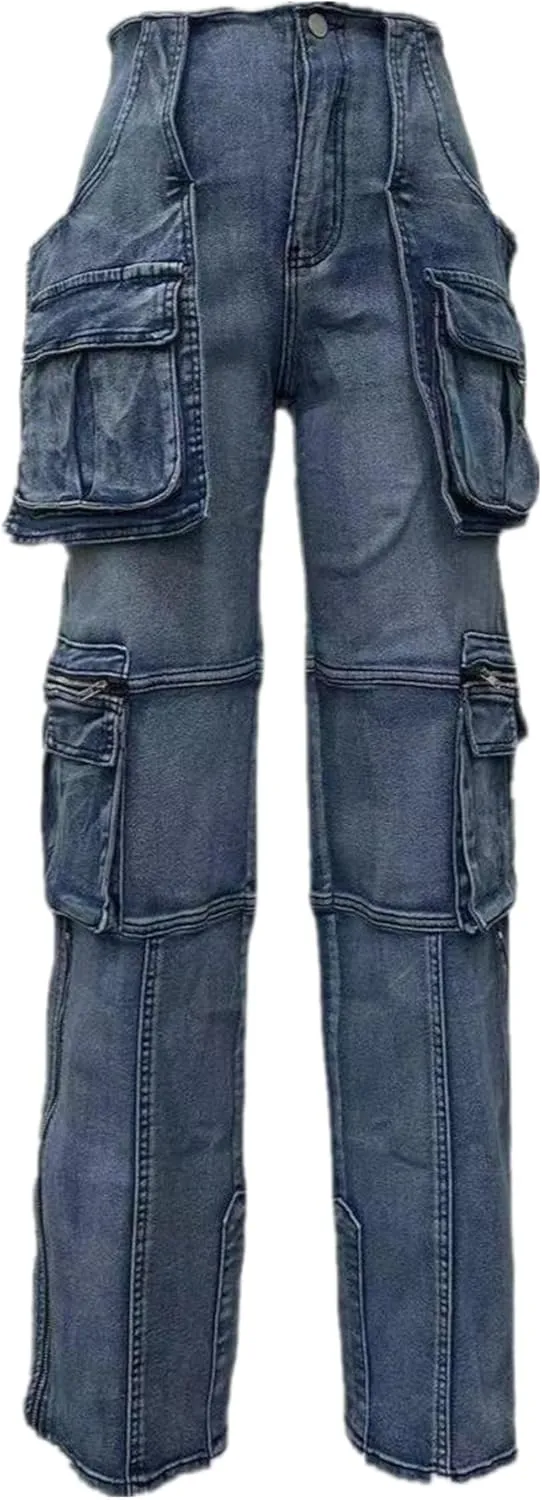 Women's Stretch Cargo Jeans with Multi Pockets, Novelty Fashion Y2K Denim Pants