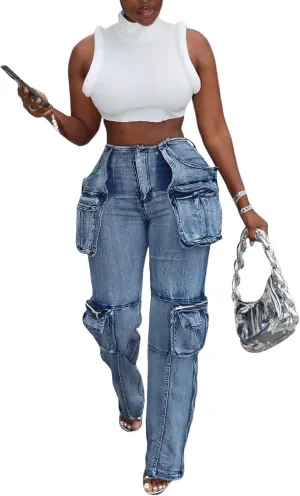 Women's Stretch Cargo Jeans with Multi Pockets, Novelty Fashion Y2K Denim Pants