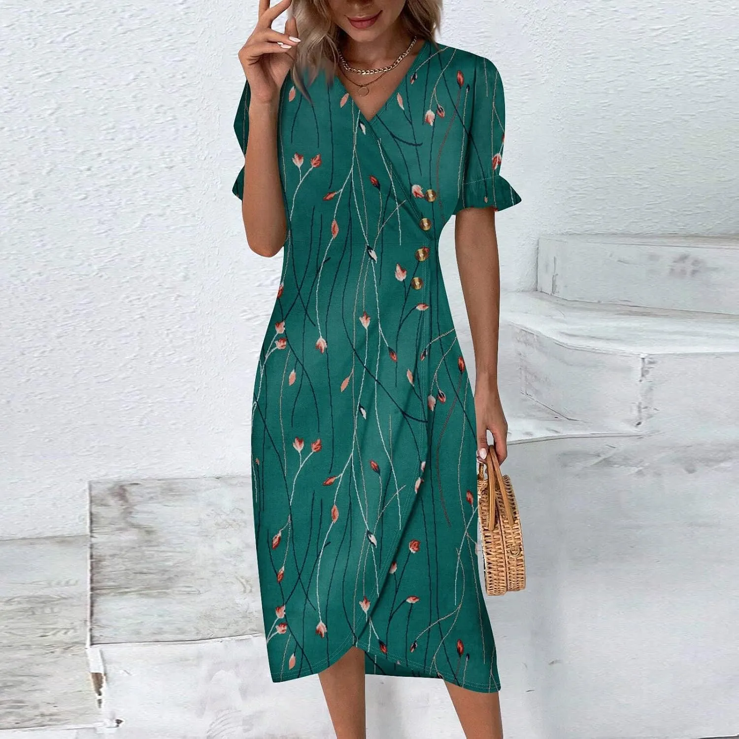 Women's Summer Casual Loose Trendy Short Sleeve V-Neck Floral Printed Solid Sun Beach Dress Plus Size, S-3XL
