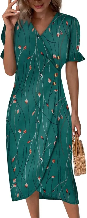Women's Summer Casual Loose Trendy Short Sleeve V-Neck Floral Printed Solid Sun Beach Dress Plus Size, S-3XL