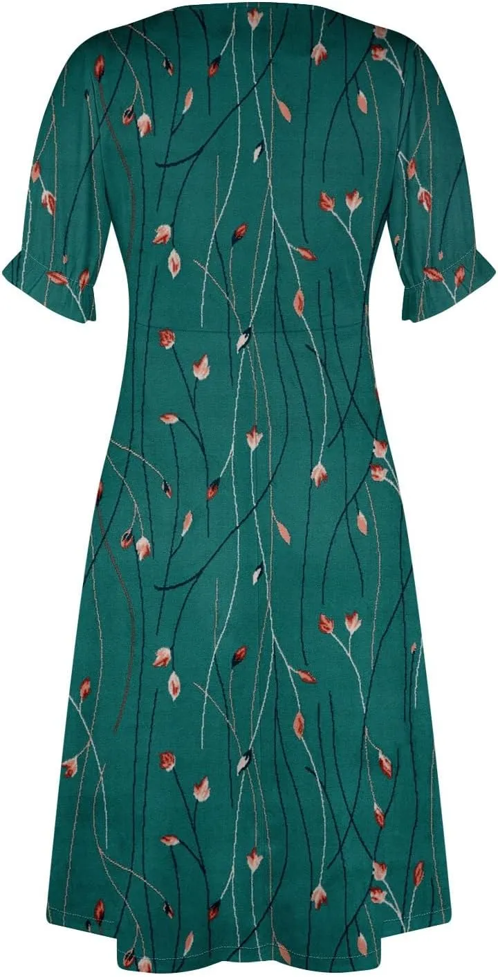 Women's Summer Casual Loose Trendy Short Sleeve V-Neck Floral Printed Solid Sun Beach Dress Plus Size, S-3XL