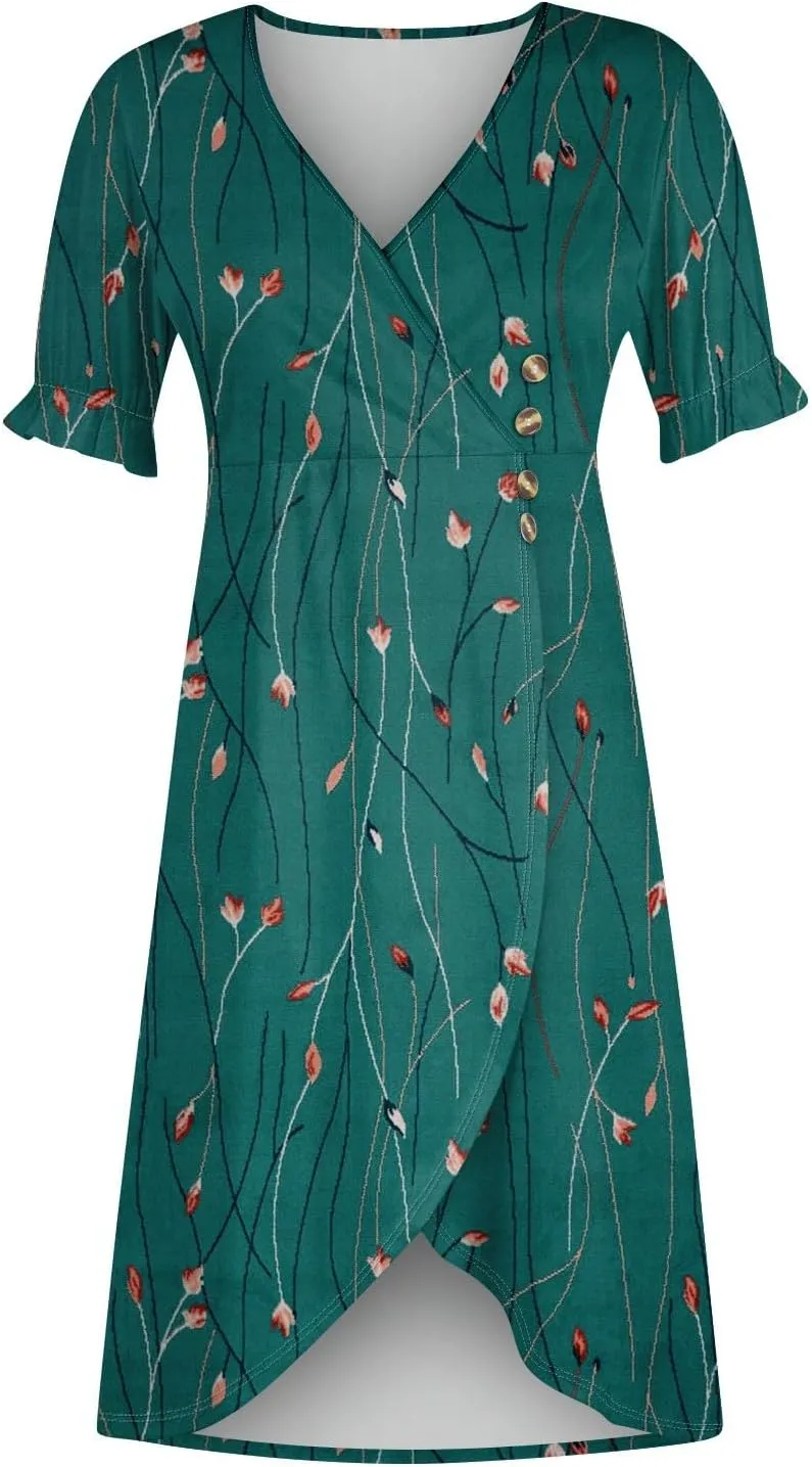 Women's Summer Casual Loose Trendy Short Sleeve V-Neck Floral Printed Solid Sun Beach Dress Plus Size, S-3XL