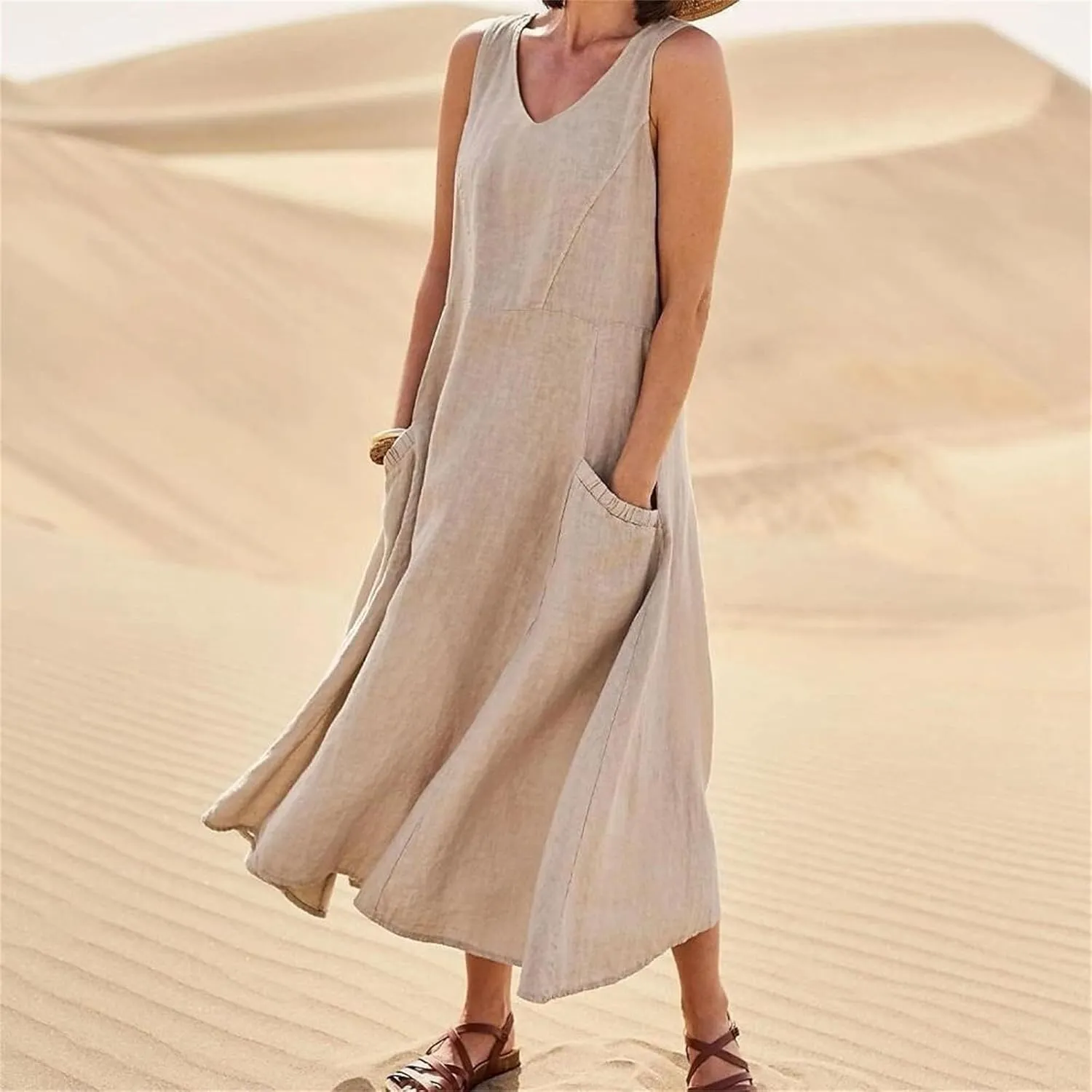 Women's Summer Cotton Linen Long Dress Plus Size Loose Dress with Pockets