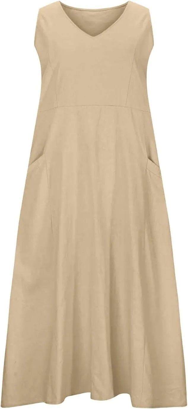 Women's Summer Cotton Linen Long Dress Plus Size Loose Dress with Pockets