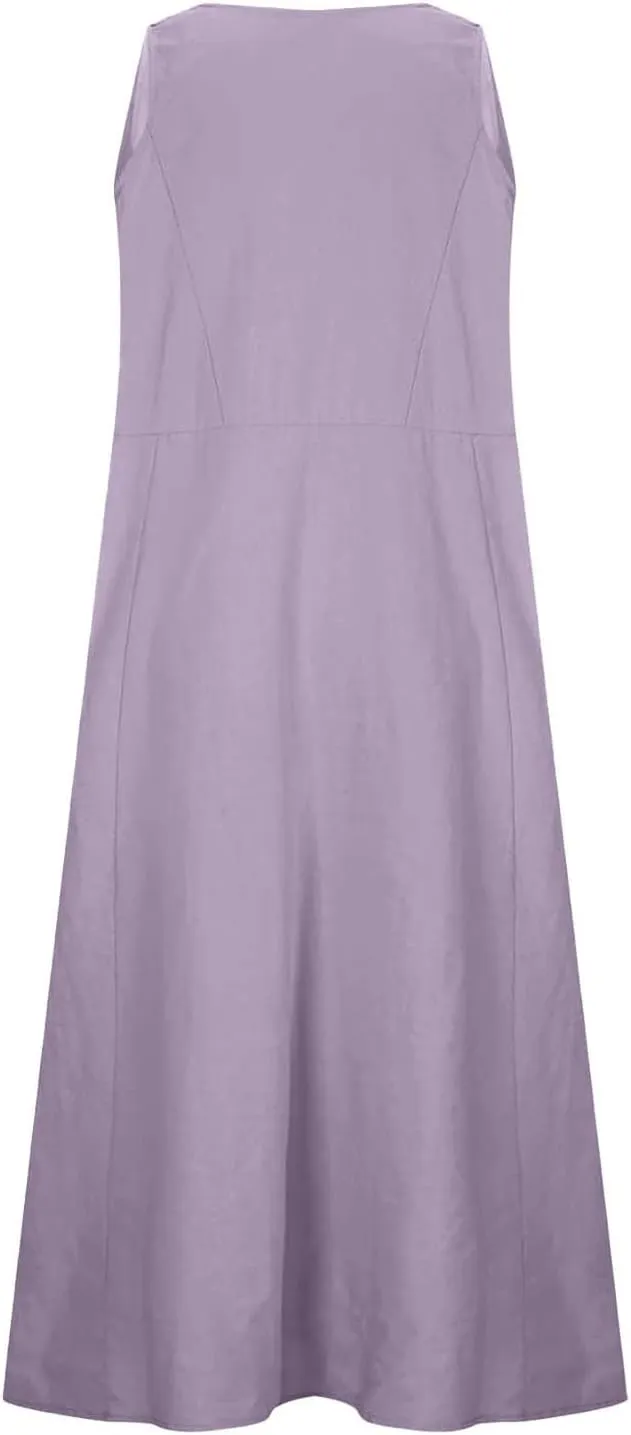 Women's Summer Cotton Linen Long Dress Plus Size Loose Dress with Pockets
