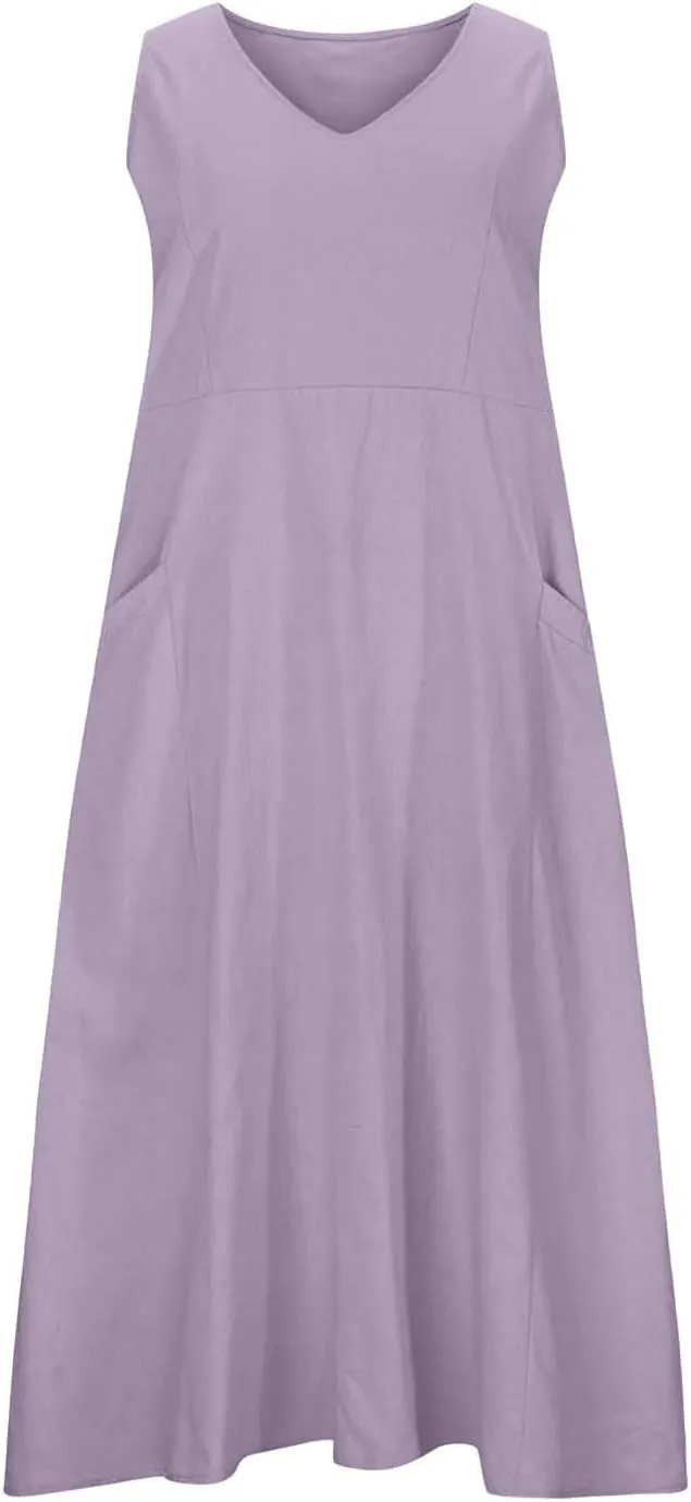 Women's Summer Cotton Linen Long Dress Plus Size Loose Dress with Pockets