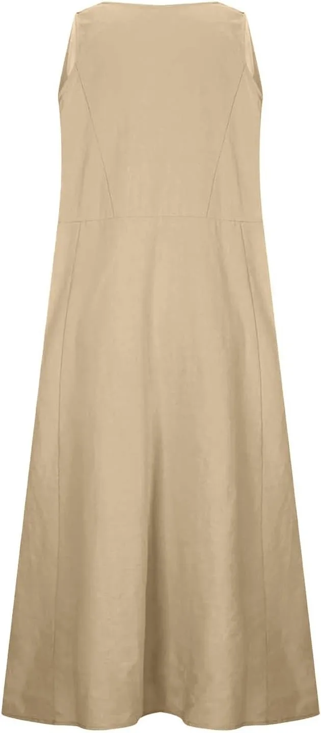 Women's Summer Cotton Linen Long Dress Plus Size Loose Dress with Pockets