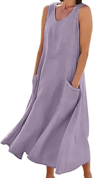 Women's Summer Cotton Linen Long Dress Plus Size Loose Dress with Pockets
