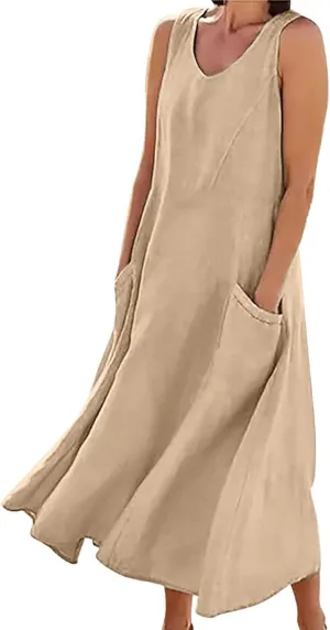 Women's Summer Cotton Linen Long Dress Plus Size Loose Dress with Pockets