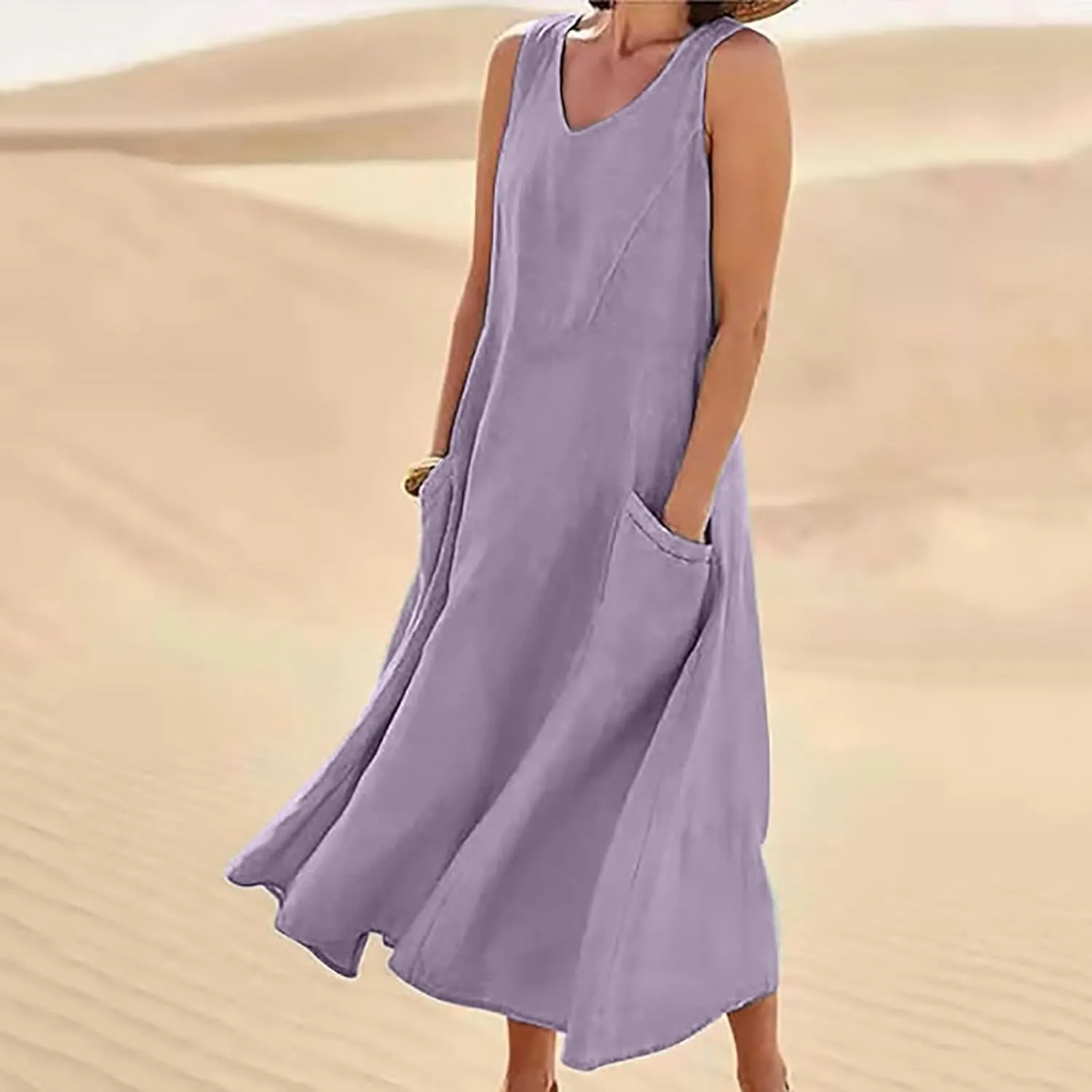 Women's Summer Cotton Linen Long Dress Plus Size Loose Dress with Pockets
