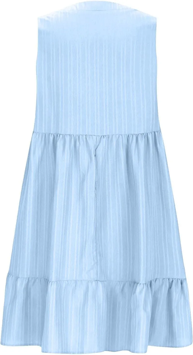 Womens Summer Dress Sleeveless V Neck Mini Dresses Fashion Casual Flowy Boho Ruffle A Line Swing Sundress 2025