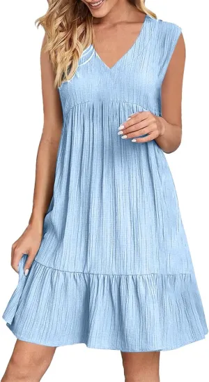 Womens Summer Dress Sleeveless V Neck Mini Dresses Fashion Casual Flowy Boho Ruffle A Line Swing Sundress 2025