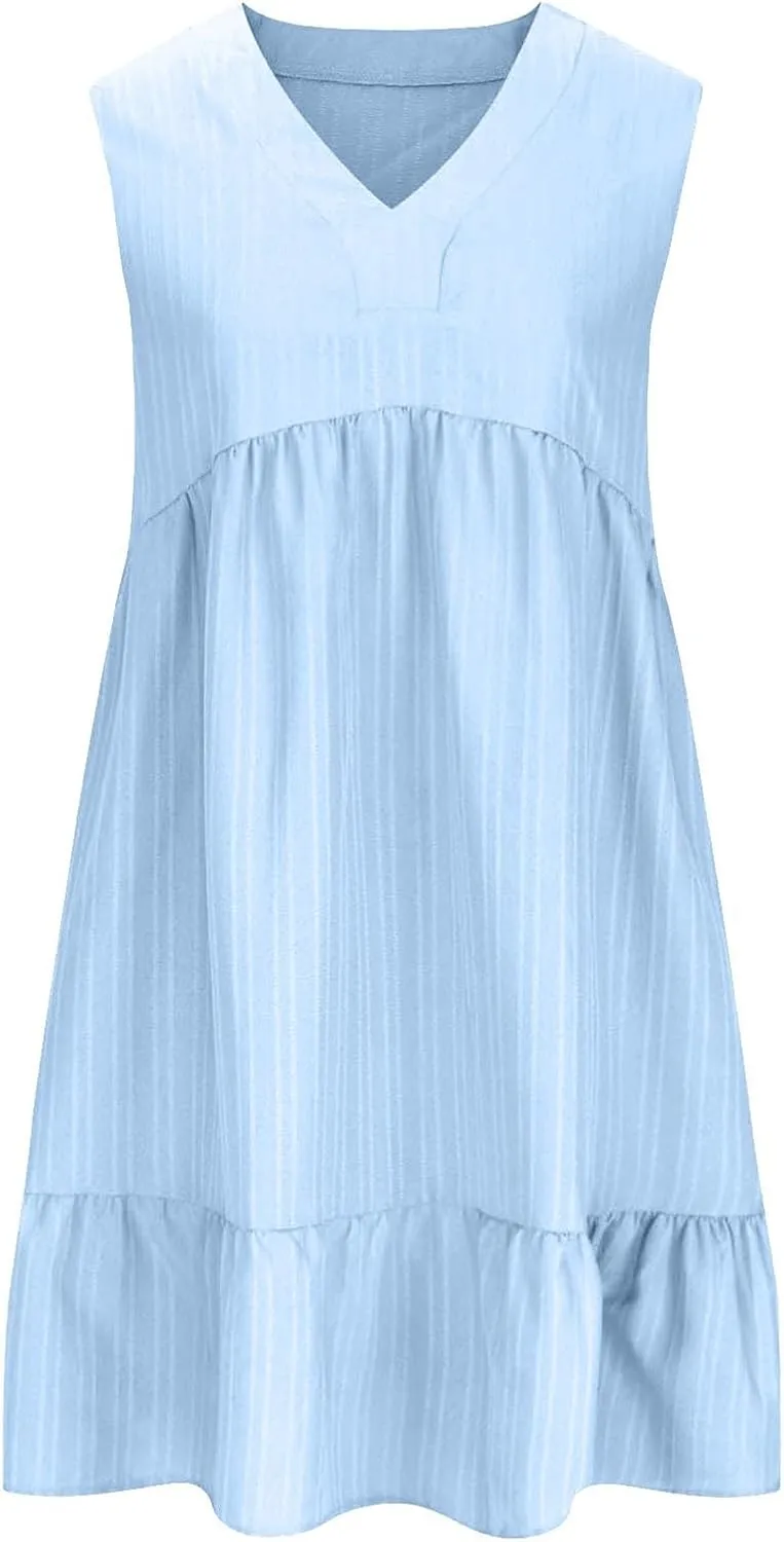 Womens Summer Dress Sleeveless V Neck Mini Dresses Fashion Casual Flowy Boho Ruffle A Line Swing Sundress 2025