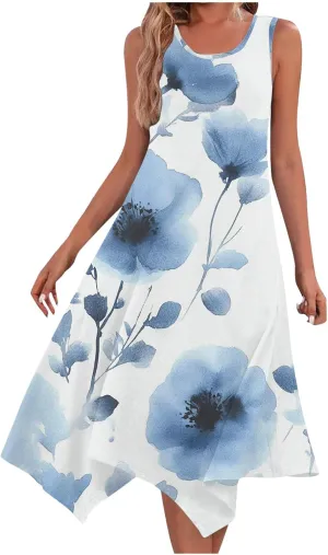 Womens Summer Dresses Casual Plus Size Sleeveless Crewneck Tank Sundress Flowy Print Hawaiian Trendy Graphic Boho Midi Dress