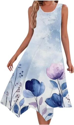 Womens Summer Dresses Casual Plus Size Sleeveless Crewneck Tank Sundress Flowy Print Hawaiian Trendy Graphic Boho Midi Dress