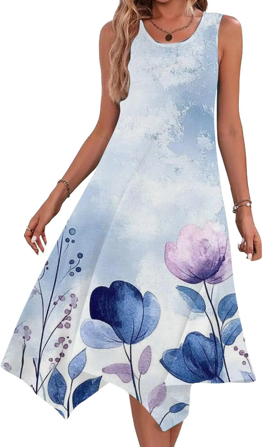 Womens Summer Dresses Casual Plus Size Sleeveless Crewneck Tank Sundress Flowy Print Hawaiian Trendy Graphic Boho Midi Dress