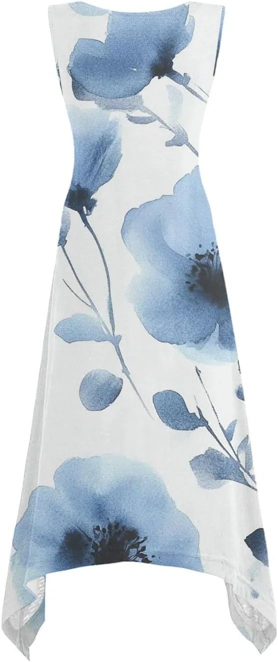 Womens Summer Dresses Casual Plus Size Sleeveless Crewneck Tank Sundress Flowy Print Hawaiian Trendy Graphic Boho Midi Dress