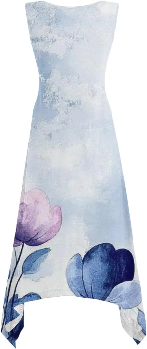 Womens Summer Dresses Casual Plus Size Sleeveless Crewneck Tank Sundress Flowy Print Hawaiian Trendy Graphic Boho Midi Dress
