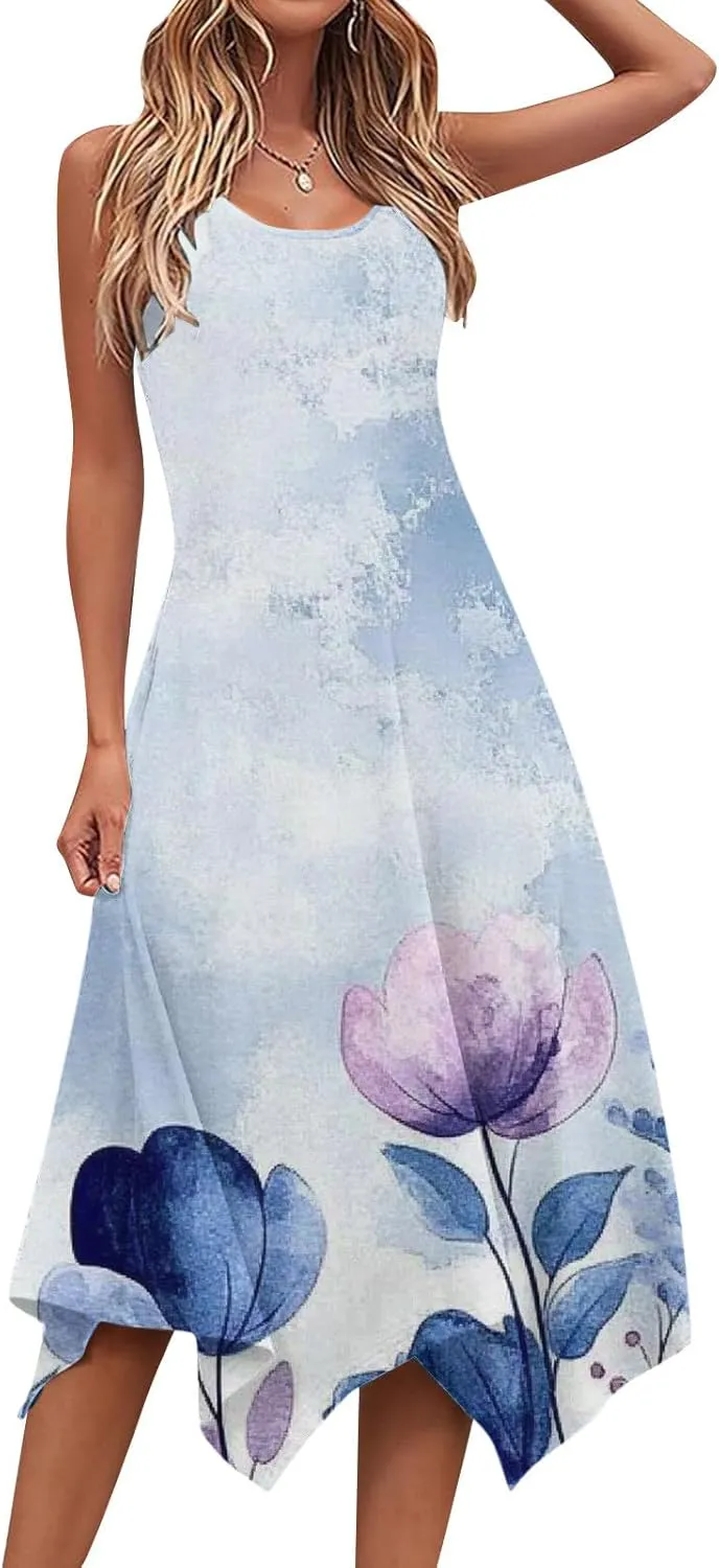 Womens Summer Dresses Casual Plus Size Sleeveless Crewneck Tank Sundress Flowy Print Hawaiian Trendy Graphic Boho Midi Dress