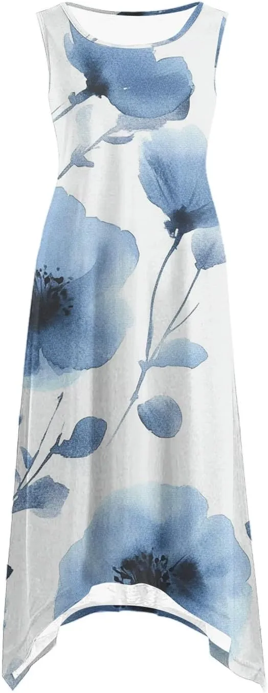 Womens Summer Dresses Casual Plus Size Sleeveless Crewneck Tank Sundress Flowy Print Hawaiian Trendy Graphic Boho Midi Dress