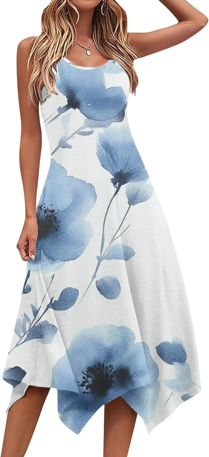Womens Summer Dresses Casual Plus Size Sleeveless Crewneck Tank Sundress Flowy Print Hawaiian Trendy Graphic Boho Midi Dress