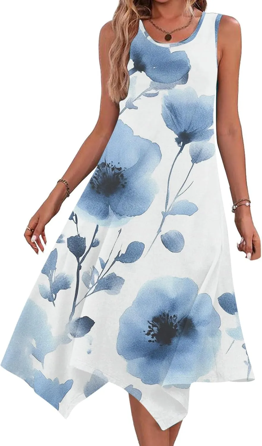 Womens Summer Dresses Casual Plus Size Sleeveless Crewneck Tank Sundress Flowy Print Hawaiian Trendy Graphic Boho Midi Dress