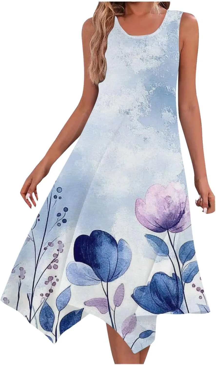Womens Summer Dresses Casual Plus Size Sleeveless Crewneck Tank Sundress Flowy Print Hawaiian Trendy Graphic Boho Midi Dress