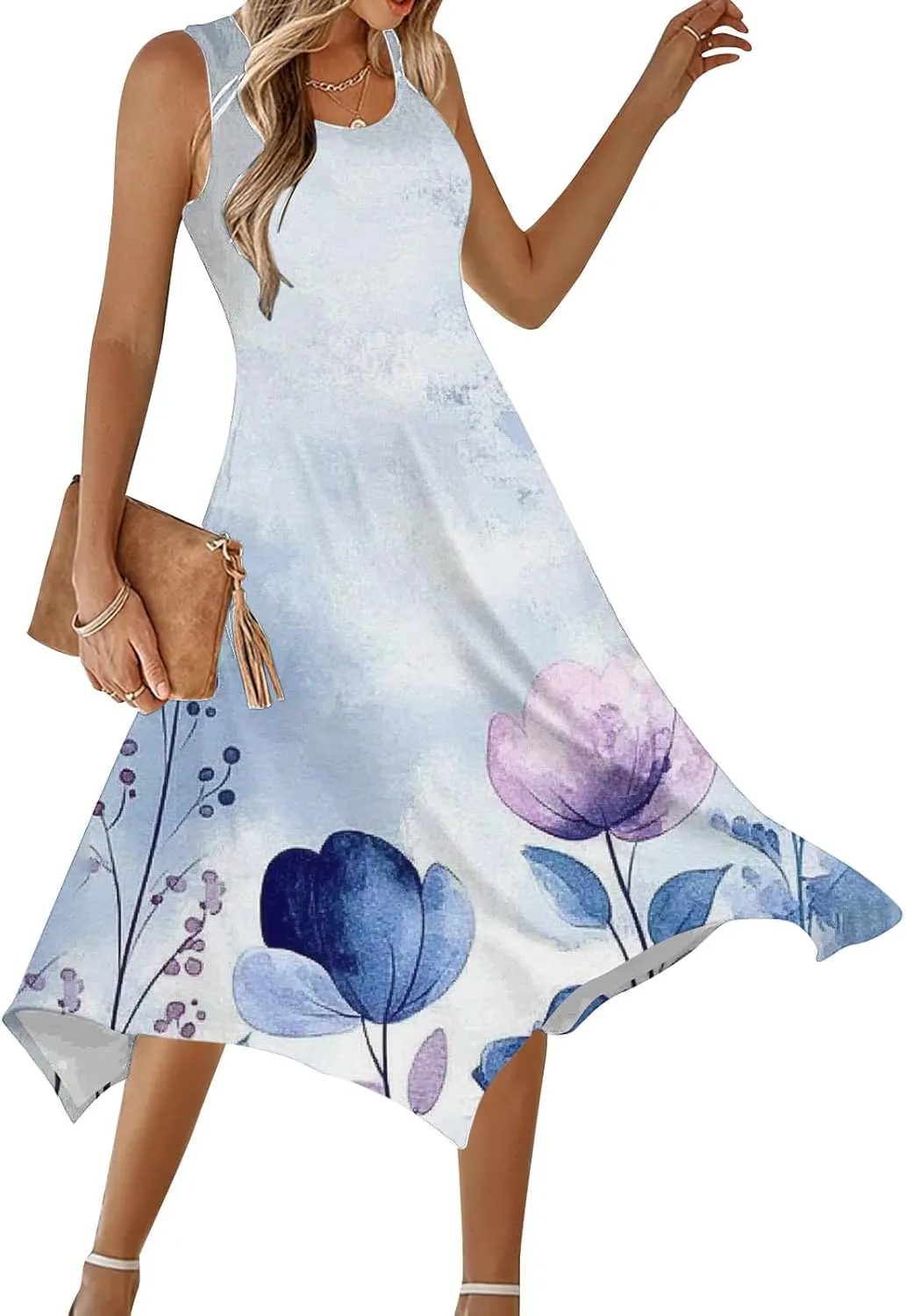 Womens Summer Dresses Casual Plus Size Sleeveless Crewneck Tank Sundress Flowy Print Hawaiian Trendy Graphic Boho Midi Dress