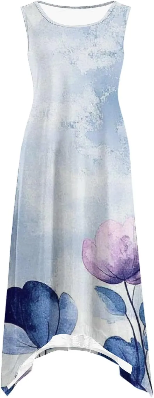 Womens Summer Dresses Casual Plus Size Sleeveless Crewneck Tank Sundress Flowy Print Hawaiian Trendy Graphic Boho Midi Dress