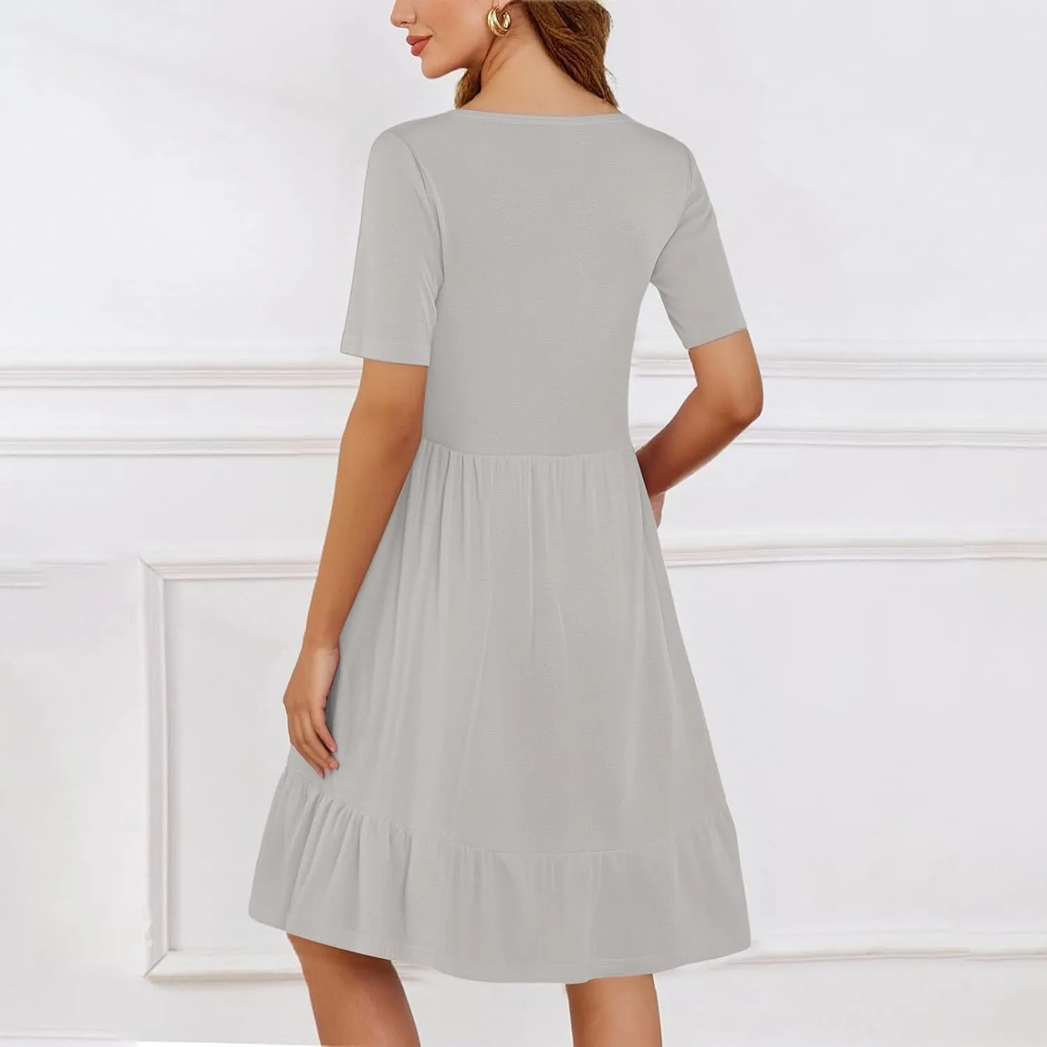 Womens Summer Dresses Short Sleeve O Neck Pleated Swing Mini Dress Solid Color Ruffle Hem Beach Vacation Sundress