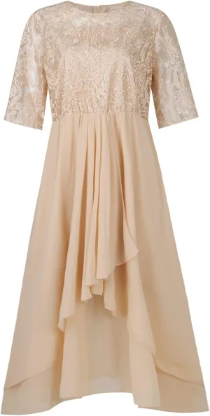 Women's Summer Elegant Trendy V-Neck Short Sleeve Lace Chiffon Prom Party Cocktail Wedding Guest Dress, S-3XL