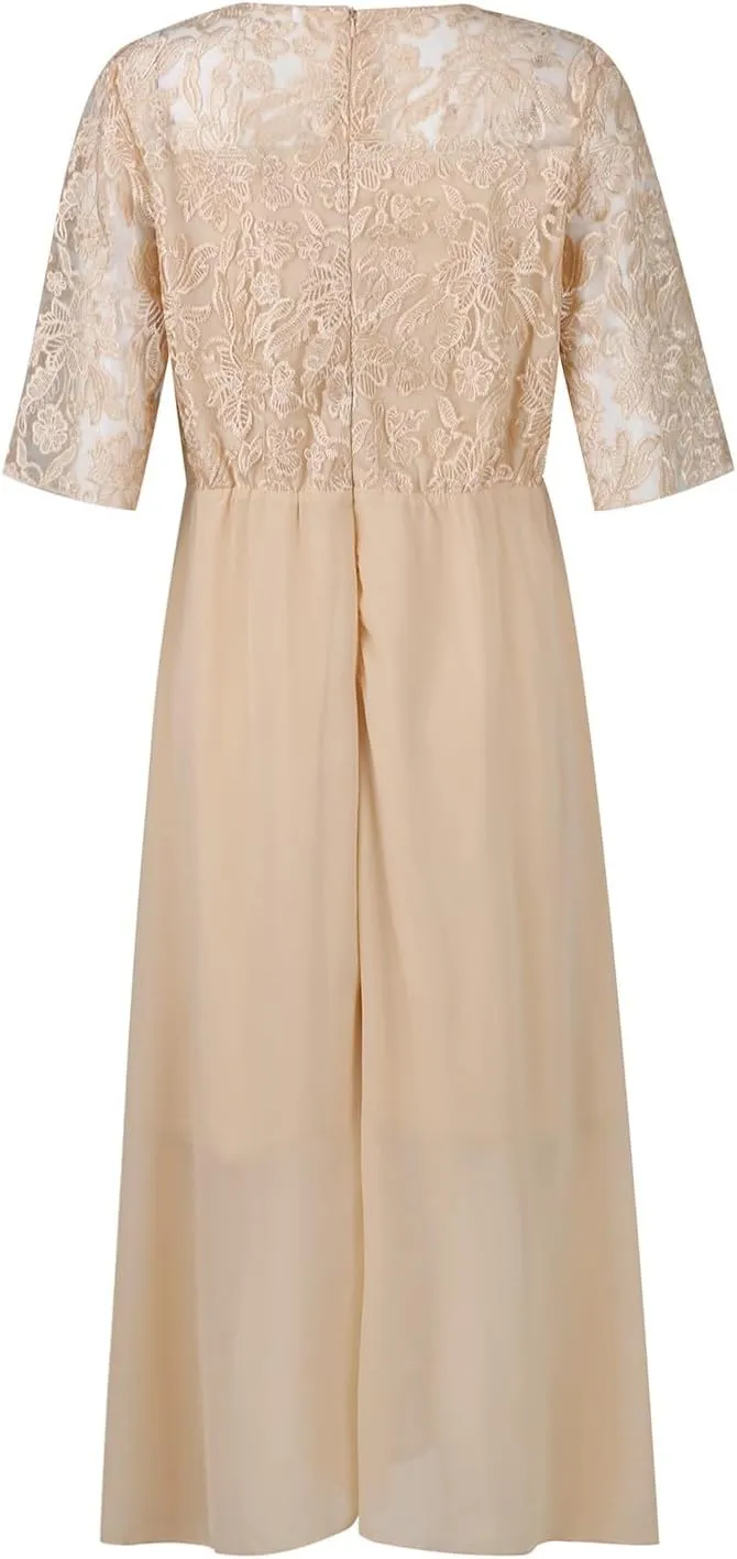 Women's Summer Elegant Trendy V-Neck Short Sleeve Lace Chiffon Prom Party Cocktail Wedding Guest Dress, S-3XL