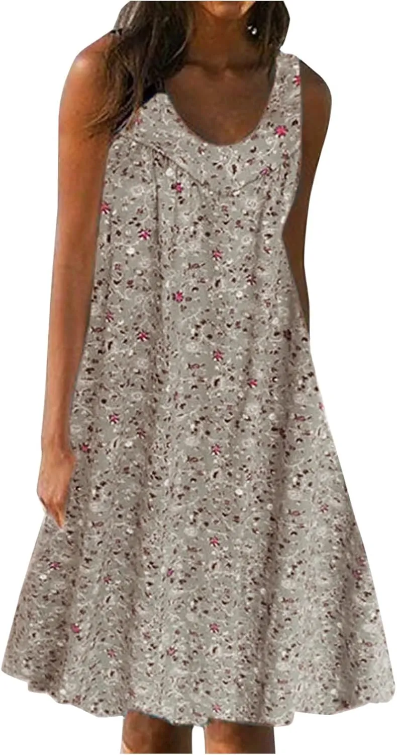 Womens Summer Floral Mini Dress Casual Sleeveless Sundress Round Neck Tank Dress Plus Size Beach Vacation Dresses