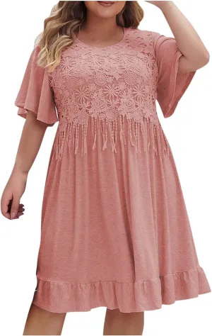 Womens Summer Lace Patchwork Dresses 2025 Boho Tassel Crewneck Short Sleeve Beach Mini Dress Ruffle Casual Sundress