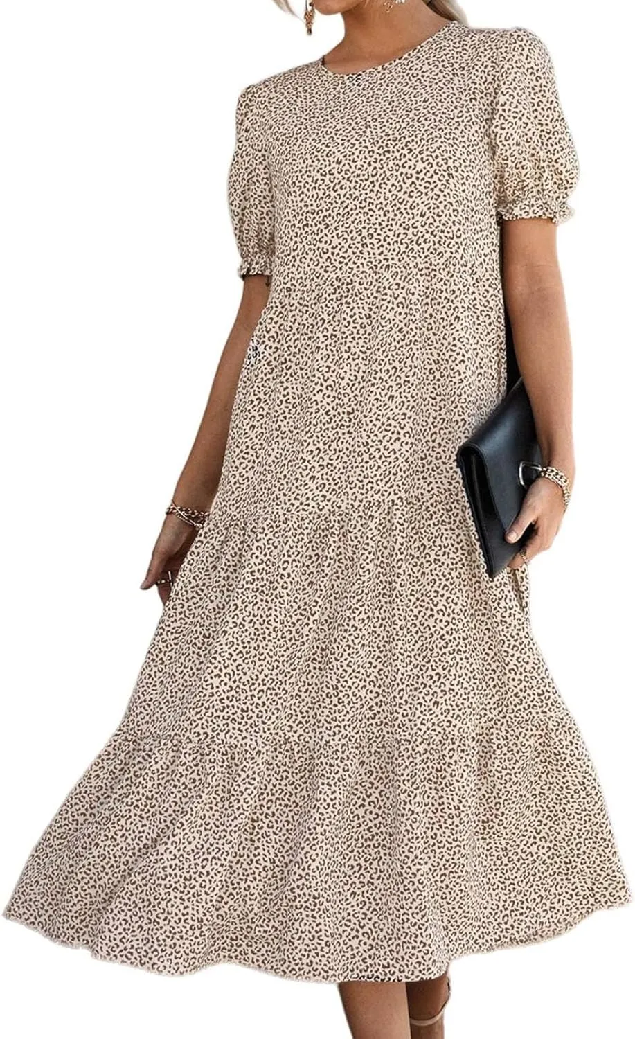 Womens Summer Maxi Dress Casual Round Neck Short Puff Sleeve Dresses Flowy Floral Tiered Ruffle Hem Beach Sundress